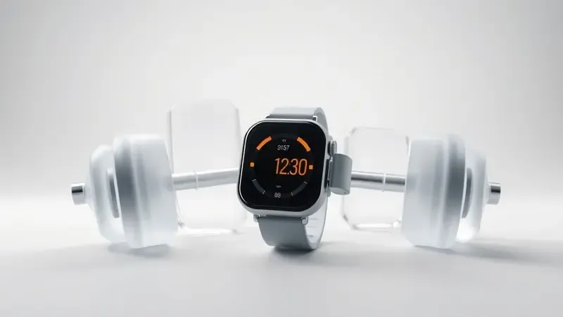 Conceito 3D de funcionalidades para musculação com halteres geométricos translúcidos e smartwatch em composição clean.