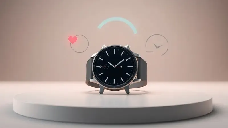 Renderização 3D de smartwatch genérico com projeções abstratas de métricas essenciais como batimentos e passos.