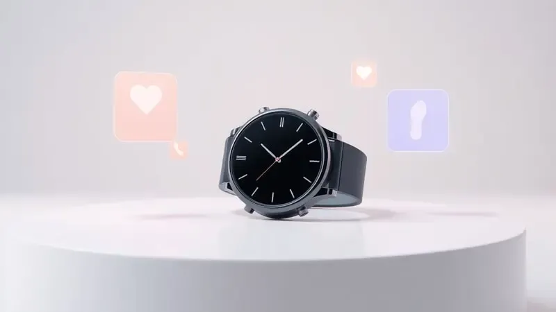 Smartwatch moderno com ícones flutuantes translúcidos representando monitoramento cardíaco, passos e notificações essenciais.