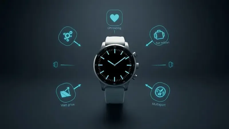 Render 3D conceitual de funcionalidades essenciais de smartwatch para Strava como GPS e monitor cardíaco
