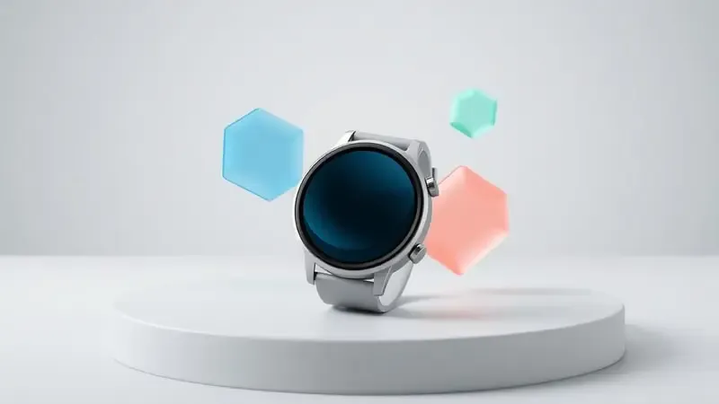 Smartwatch com formas geométricas translúcidas flutuantes representando funcionalidades essenciais como saúde, conectividade e monitoramento de atividades.