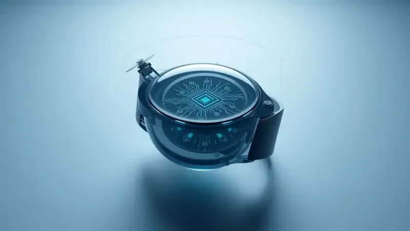 Render 3D de smartwatch com camadas translúcidas mostrando arquitetura interna de chip GPS e órbitas de satélite ao redor