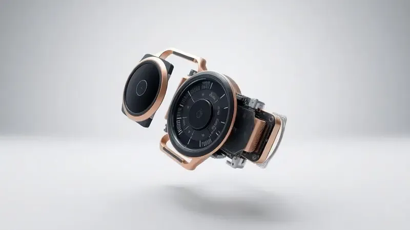 Render 3D de vista explodida de smartwatch revelando sensores internos e componentes eletrônicos com design limpo