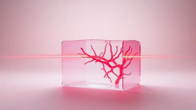 Visualização 3D da tecnologia de fotopletismografia com feixes de luz atravessando a pele para medição de SpO2.