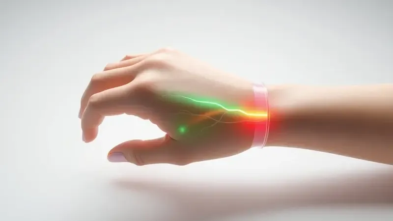 Visualização 3D conceitual da tecnologia PPG com feixes de luz atravessando a pele do pulso para medição de pressão arterial.