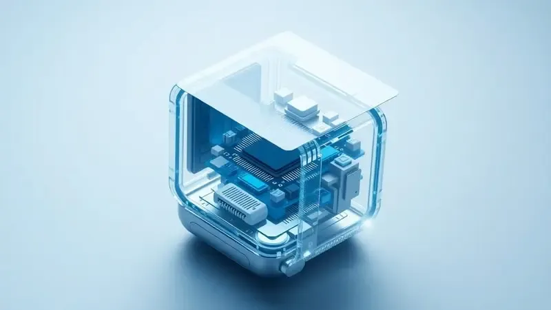 Visualização conceitual explodida do funcionamento técnico de chips e antenas WiFi em um smartwatch moderno