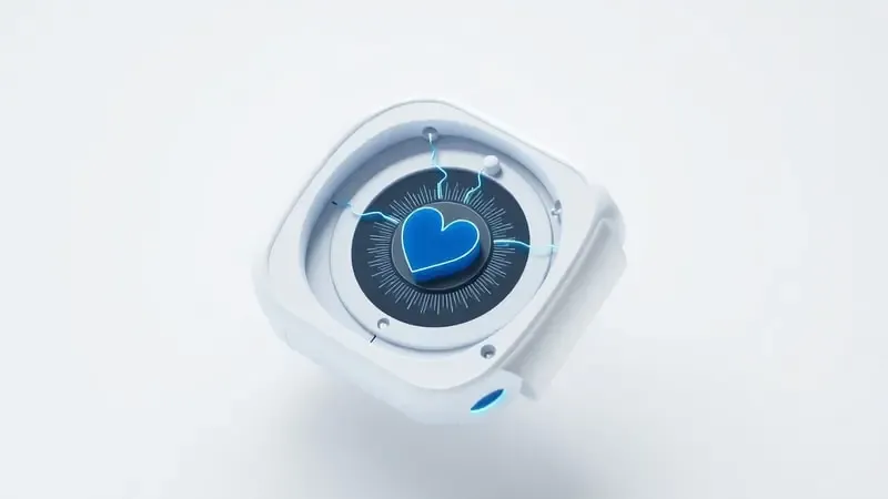 Ilustração 3D do funcionamento interno da tecnologia de ECG em smartwatch com sensor e impulsos elétricos.