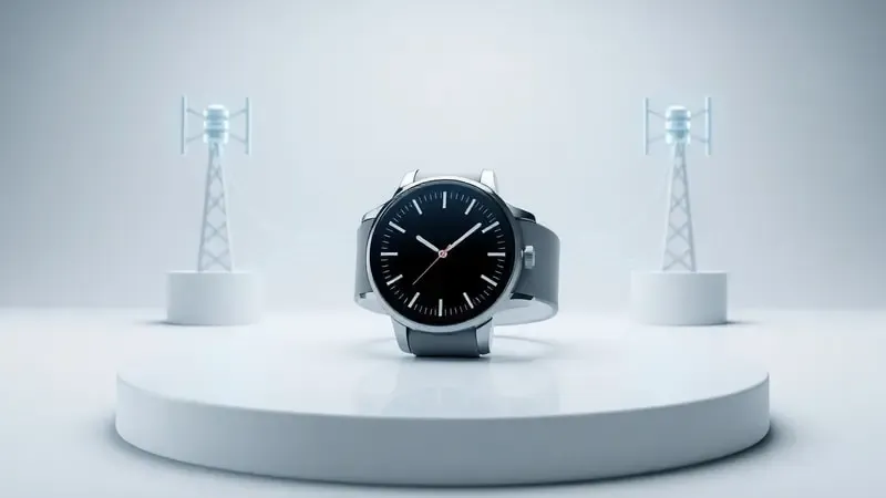 Render 3D ilustrando o funcionamento da tecnologia LTE em smartwatch com sinais de rede e torres de celular abstratas.