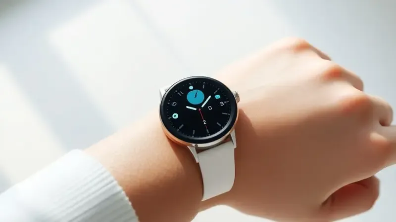 Renderização 3D de smartwatch no pulso exibindo formas abstratas de notificações, saúde e música em ambiente clean.