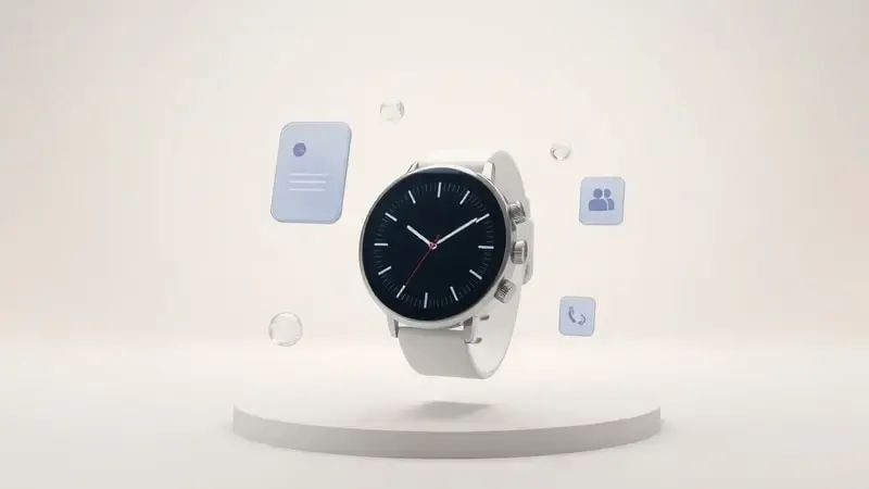Composição conceitual 3D de funções inteligentes e conectividade de smartwatch moderno com elementos flutuantes.
