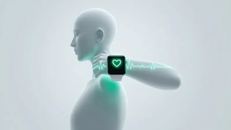 Render 3D conceitual de monitoramento de saúde com silhueta e linhas de batimentos cardíacos