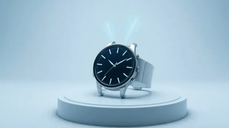 Renderização 3D conceitual de smartwatch exibindo interface holográfica abstrata flutuante.
