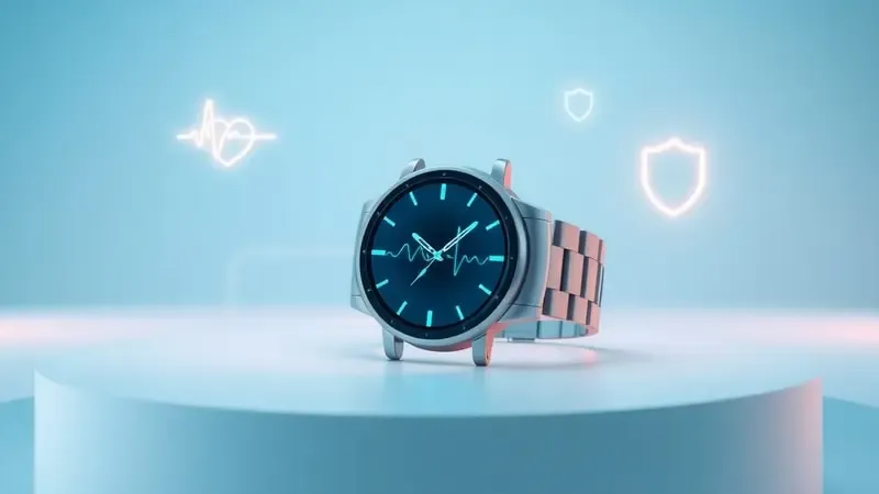 Renderização 3D conceitual de smartwatch com funções de monitoramento cardíaco e emergência exibindo formas holográficas translúcidas e tons azuis calmantes.