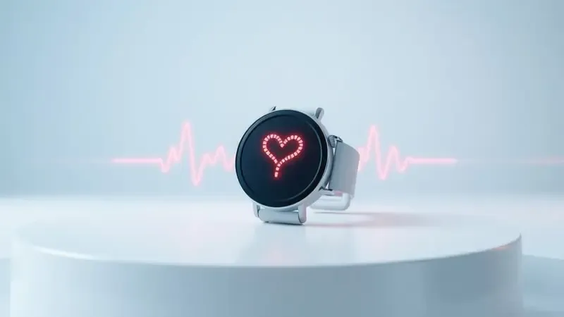 Renderização 3D conceitual de funções de monitoramento cardíaco com ondas de batimentos e smartwatch minimalista