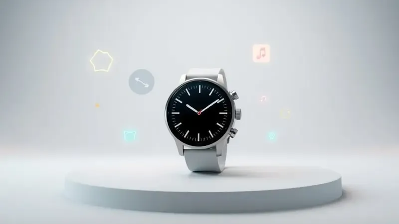 Renderização 3D conceitual mostrando as diversas funções e utilidades de um smartwatch moderno