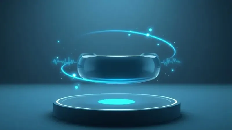 Renderização futurista de pulseira translúcida com hologramas de ondas cardíacas e dados biométricos flutuantes