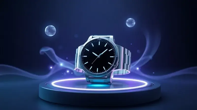 Render 3D futurista de smartwatch com elementos holográficos representando a evolução da tecnologia NFC em wearables.