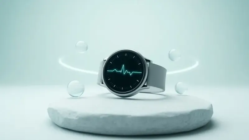 Renderização 3D conceitual de smartwatch com visualização de bem-estar e monitoramento de saúde em tons suaves