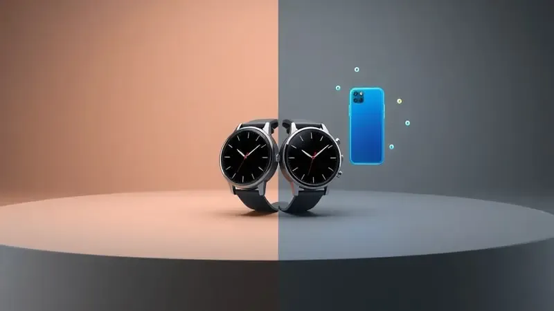Comparação conceitual 3D entre GPS integrado e GPS conectado em smartwatches modernos lado a lado