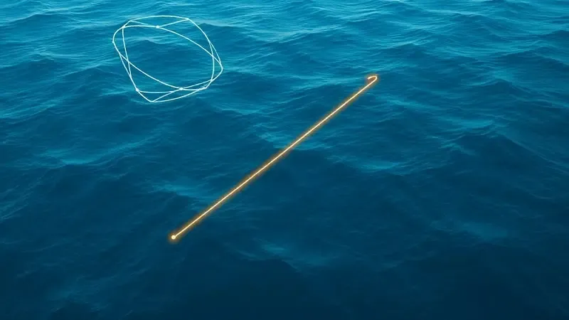 Rota de GPS traçada sobre mar aberto com elementos orbitais flutuantes em renderização 3D conceitual.