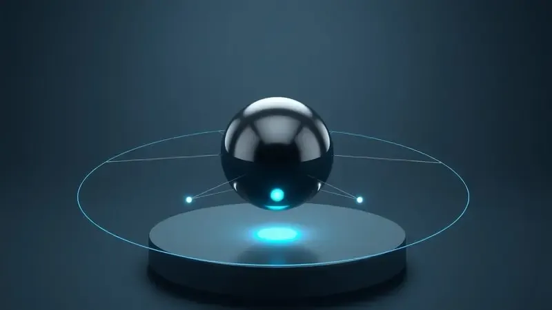 Renderização 3D de composição geométrica abstrata representando triangulação de GPS com esferas metálicas e linhas brilhantes azuis.