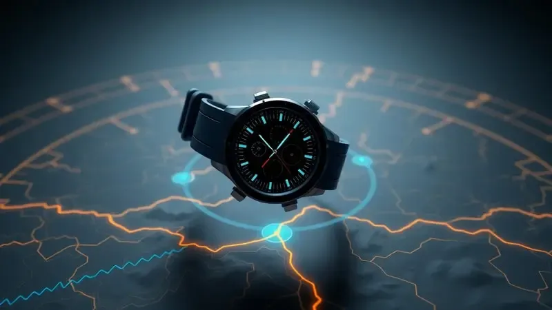 Render 3D conceitual de smartwatch militar com sinais de GPS e mapa topográfico, representando precisão de navegação em campo.