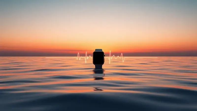 Ondas luminosas de sinal GPS e batimentos cardíacos entrelaçadas sobre oceano ao pôr do sol em renderização 3D conceitual