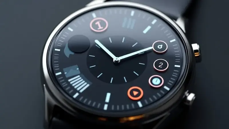 Macro de tela de smartwatch com widgets e complicações abstratas dispostas ao redor de relógio central minimalista.
