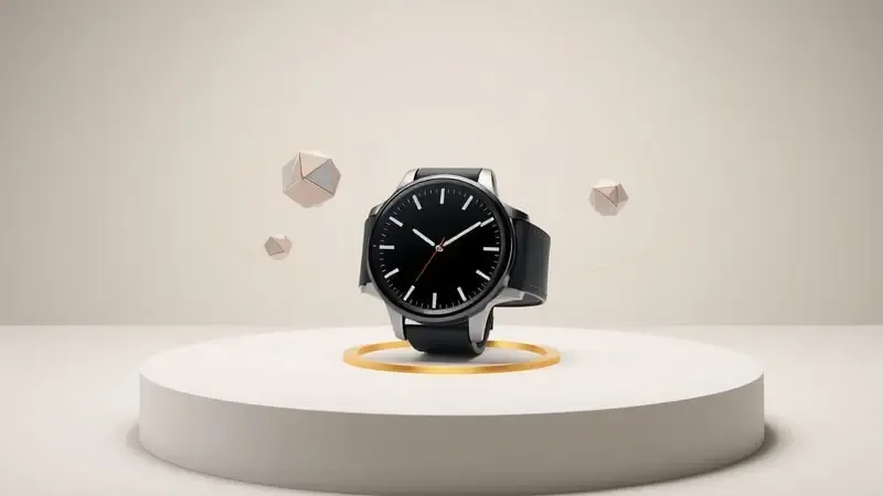 Render 3D de smartwatch minimalista sobre pedestal representando critérios de escolha e guia de compra