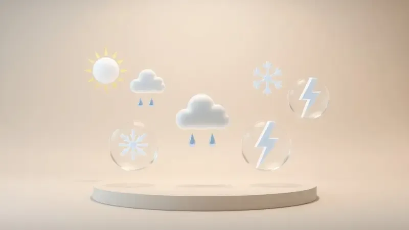 Conjunto estilizado de ícones meteorológicos 3D representando sol chuva neve e tempestade