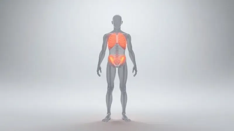 Ilustração 3D conceitual do impacto do estresse crônico no corpo com silhueta anatômica translúcida e zonas indicadoras em tons de âmbar e laranja