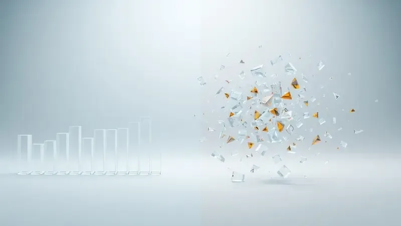 Composição 3D conceitual dividida entre dados calóricos cristalinos e organizados versus dados fragmentados e distorcidos representando imprecisão.