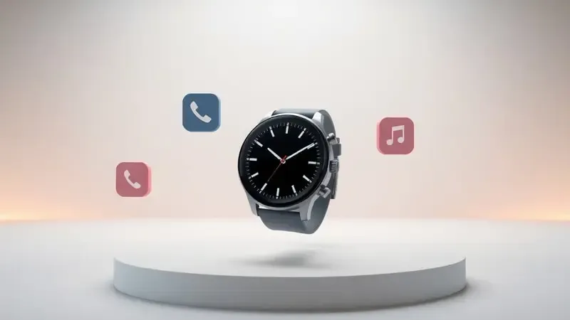 Conceito 3D de smartwatch com LTE mostrando independência do celular com ícones abstratos de chamadas, mensagens e música.