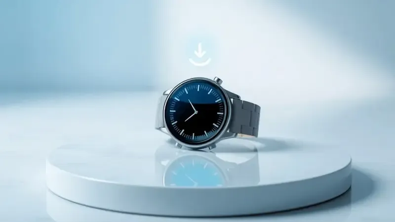 Instalação de aplicativo em smartwatch exibido em renderização 3D com interface limpa e moderna.