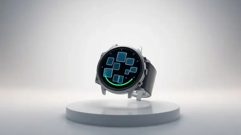 Renderização 3D de smartwatch com elementos abstratos de instalação representando passo a passo no Wear OS