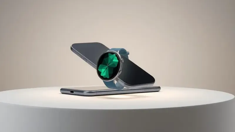 Renderização 3D conceitual mostrando processo de instalação de aplicativo entre smartphone e smartwatch com conexão sem fio.