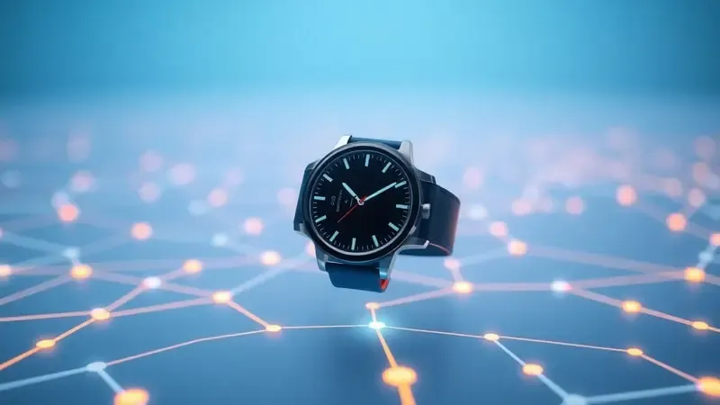 Render 3D de smartwatch conectado a rede social esportiva Strava com rotas e dados de treino em segundo plano