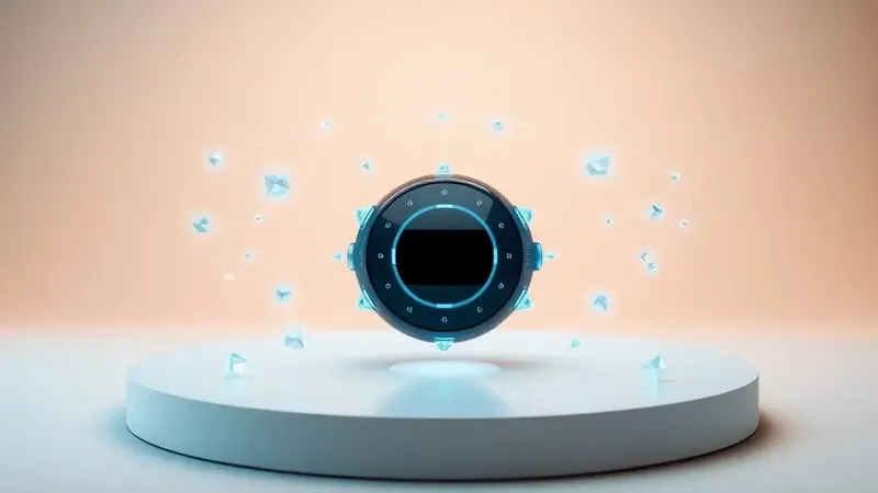 Dispositivo vestível conceitual com nós de conexão brilhantes representando inteligência artificial e conectividade avançada.