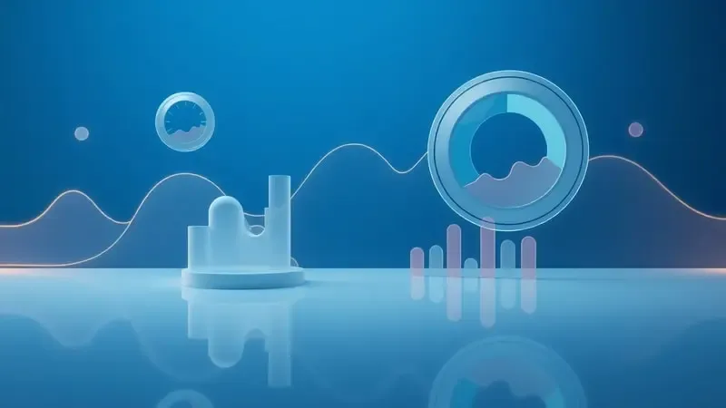 Render 3D de graficos e elementos abstratos de dados representando a interpretacao de metricas de sono.