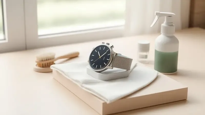 Manutenção preventiva de smartwatch com pano de limpeza e base de carregamento em composição 3D clean