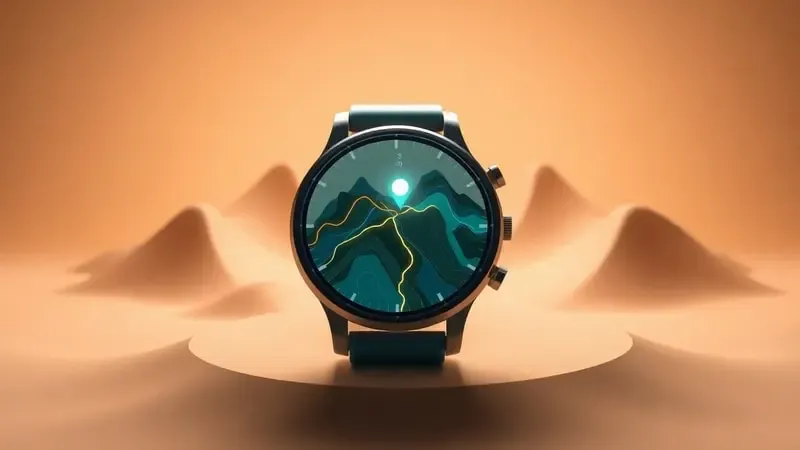 Render 3D conceitual de smartwatch exibindo mapa topográfico abstrato com rotas iluminadas e pin de localização