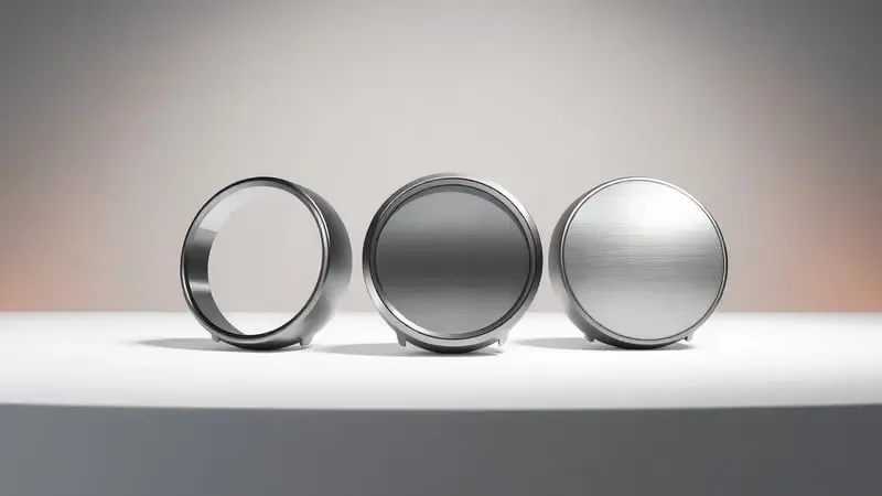 Amostras de materiais de fabricação de smartwatch em renderização 3D com acabamentos premium.