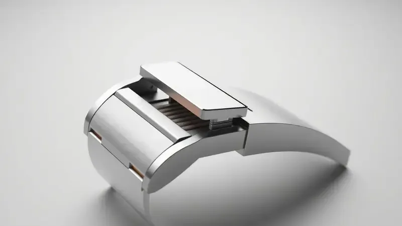 Mecanismo de encaixe deslizante de pulseira de smartwatch em close-up conceitual 3D com superfícies metálicas.