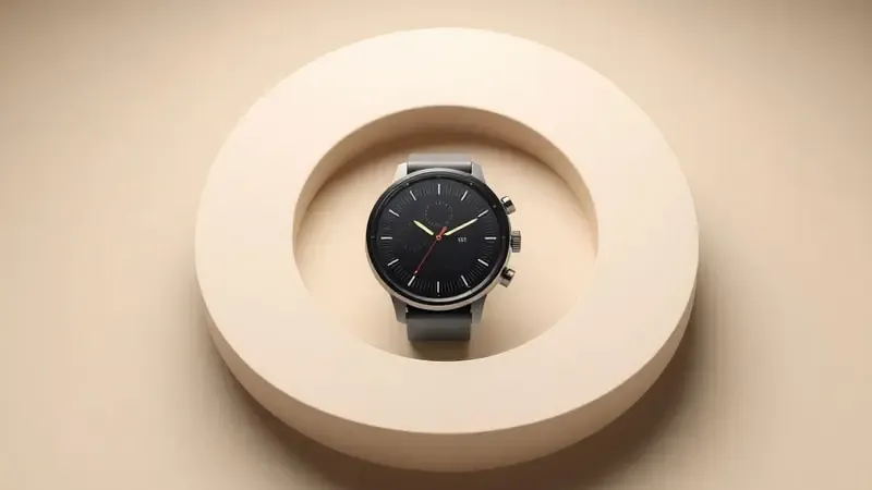 Renderização 3D conceitual de smartwatch representando equilíbrio entre custo e benefício com formas geométricas abstratas e tons neutros elegantes.