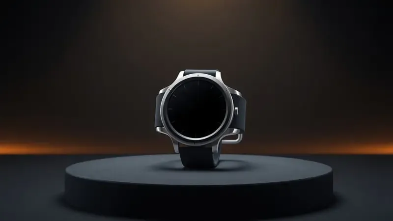 Smartwatch elegante sem marca exibido em pódio minimalista com iluminação dourada suave e acabamento premium