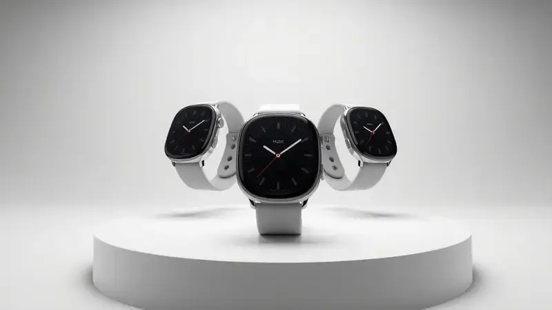 Render 3D de três smartwatches modernos em pedestal minimalista representando melhores modelos para música offline