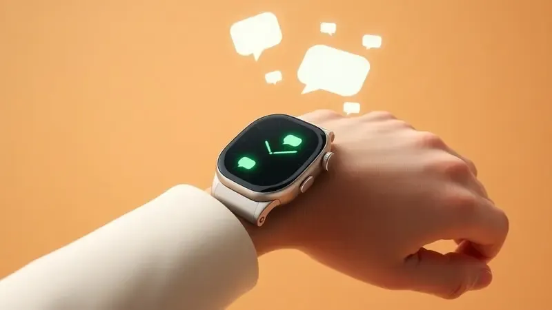 Mensagens de WhatsApp sendo enviadas e recebidas em tela de smartwatch em renderização 3D.