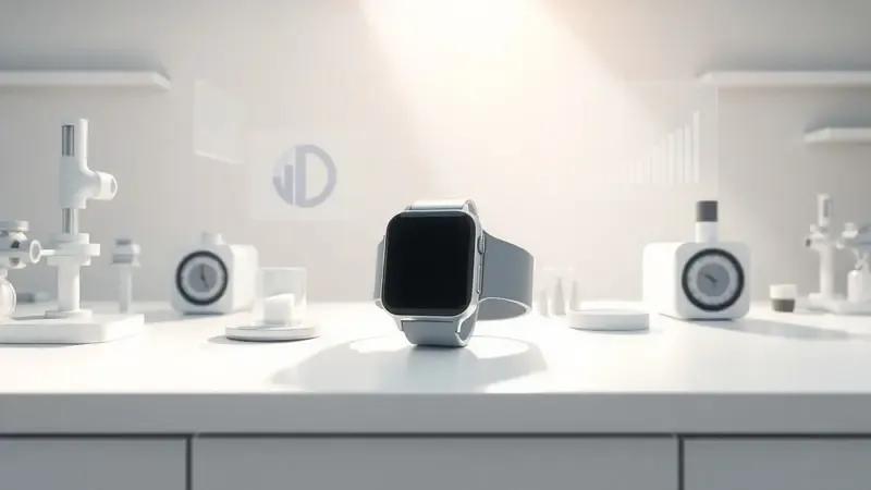 Renderização 3D de ambiente laboratorial moderno com smartwatch genérico sob análise e elementos abstratos de dados flutuantes.