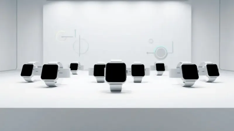 Ambiente de testes conceitual com smartwatches genéricos organizados em superfície branca sob iluminação controlada de estúdio.