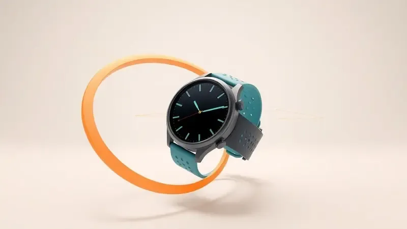 Renderização 3D de smartwatch com temática esportiva, anéis abstratos e iluminação profissional dinâmica